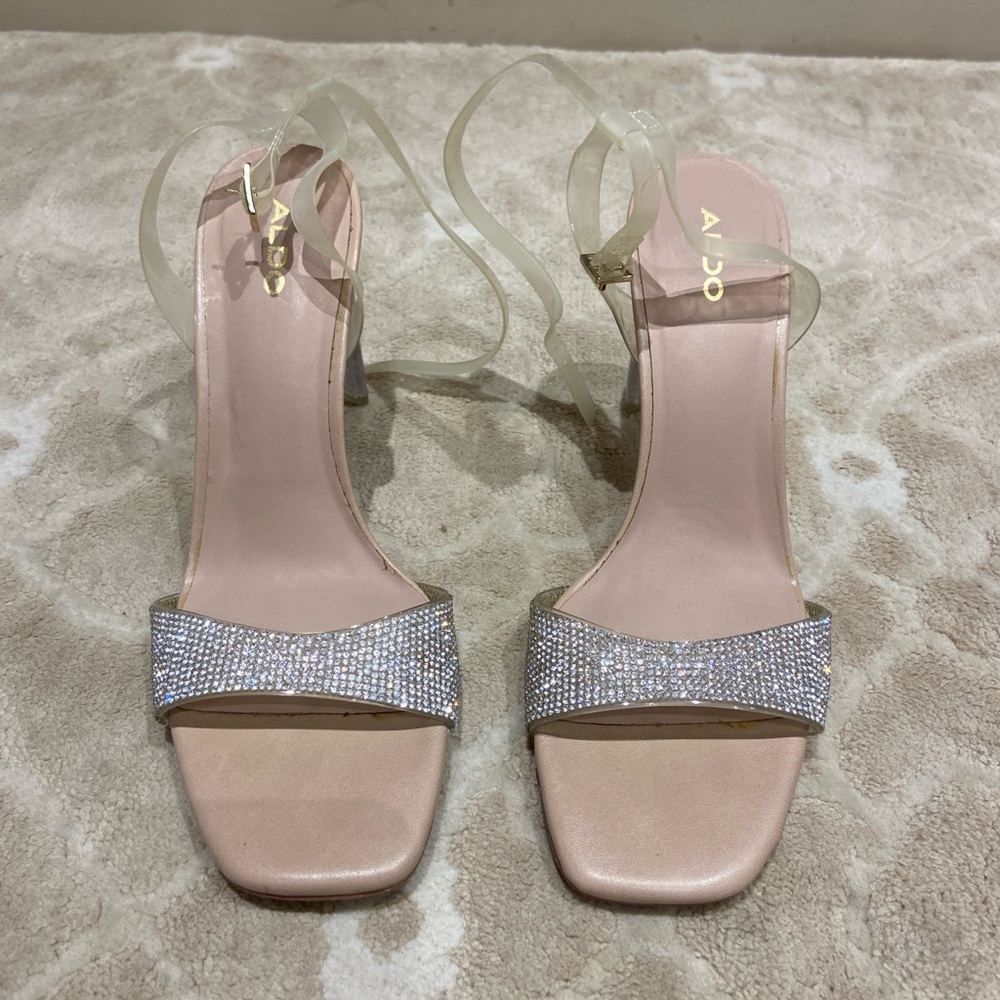 Aldo Women's Glittering rhinestone Silver and Clear translucent resin Heels